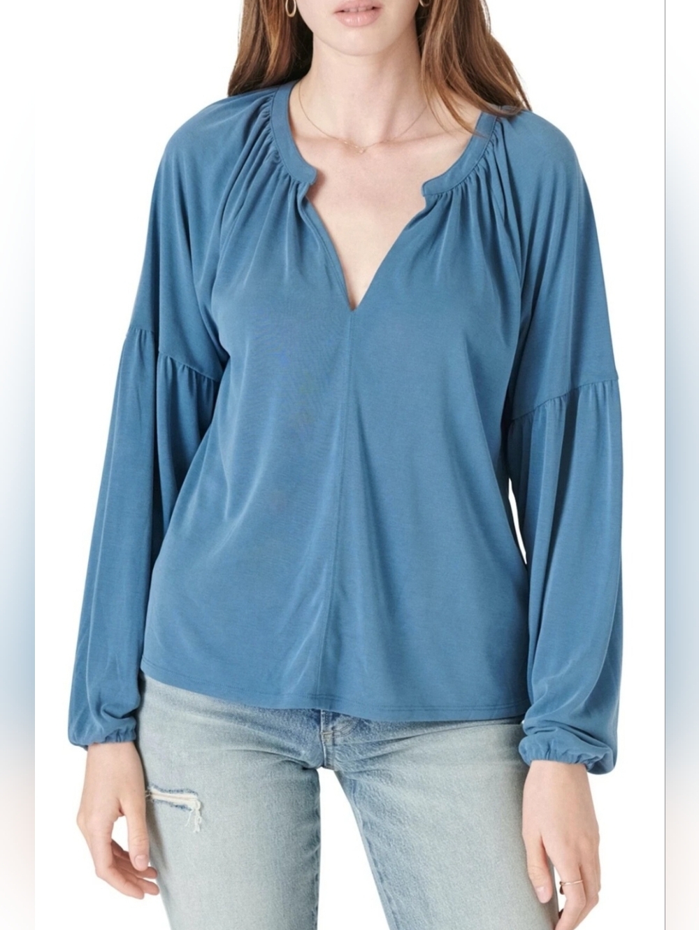 Lucky Brand Slate Blue V-Neck Long Sleeve Blouse In Size XL